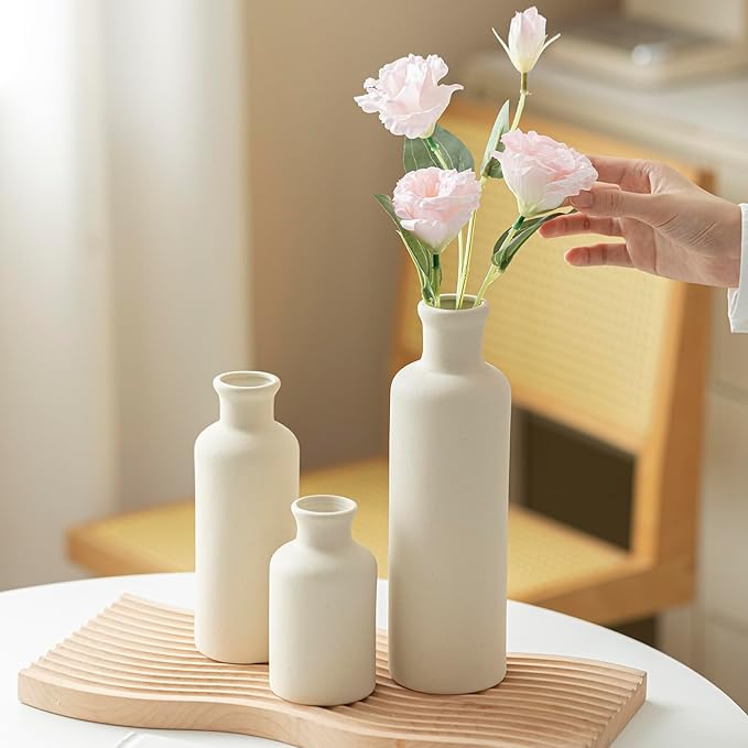 Modern Ceramic Vase Set of 3, Beige Colors, Decorative Bottles for Home, Farmhouse Rustic Decor, Housewarming Gifts, Wedding Gifts, Bridal Shower Gifts, Birthday Gifts for Women (Beige)