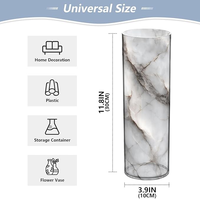 xmyzcd White Marble Stone Texture Vase Cylinder Vases Clear Plastic Flower Vase Easy to Clean for Centerpieces Homes, Offices, Kitchens