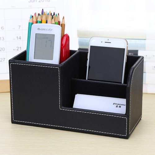 KINGFOM Desk Organizer - Multi-Function PU Leather Storage Caddy for Office Supplies | Black