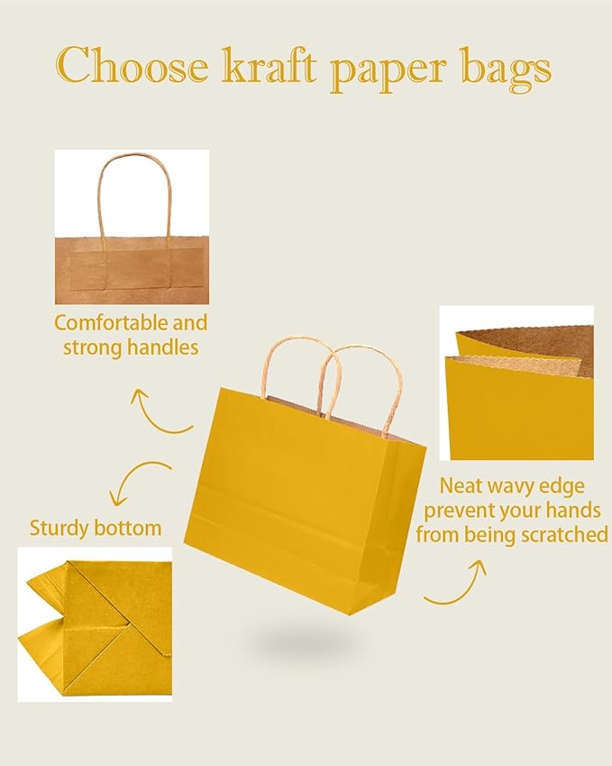 qiqee 13"x4.5"x10" Large Gift Bag with Handles Bulk 32PCS Gift Paper Bags Yellow Bags Multiple Uses (Wide Large)