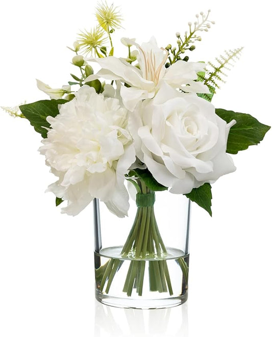 WELL KNOWN Artificial Flowers in Glass Vase with Fake Water, Silk Peony Rose Flower Bouquet for Home Dinning Tea Table, Office Desktop, Hotel, Wedding, Party, Lavatory Decor & Gift (Ivory White)
