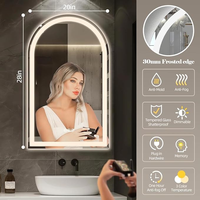 Arched LED Bathroom Mirror 20x28 Inch with Backlit and Frontlit, Dimmable Vanity Mirror for Wall, Anti-Fog, 3 Colors, Memory, Shatter-Proof, ETL Listed