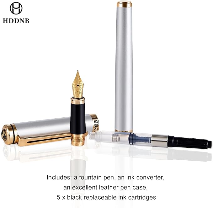 HDDNB Silver Luxury Fountain Pen Set for Men and Women with Gift Box, 24K Gold Finish and Gilded Nib(Medium) with 5 Black Ink Cartridges and Converter