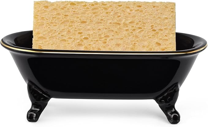 6.5" Ceramic Mini Decorative Clawfoot Bathtub Bar Soap Dish, Kitchen Sponge Holder and Shower Tray for Bathroom, 1 Pack (Black Gold Rim)