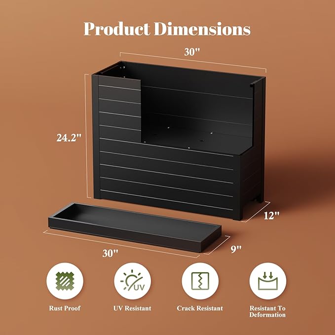 Outdoor Planter Box, Large Rectangular Planter with Removable Drip Tray, Suitable for Indoor or Outdoor Patios/Porches, Ideal for Planting Plants, Flowers, and Gardening (Black)