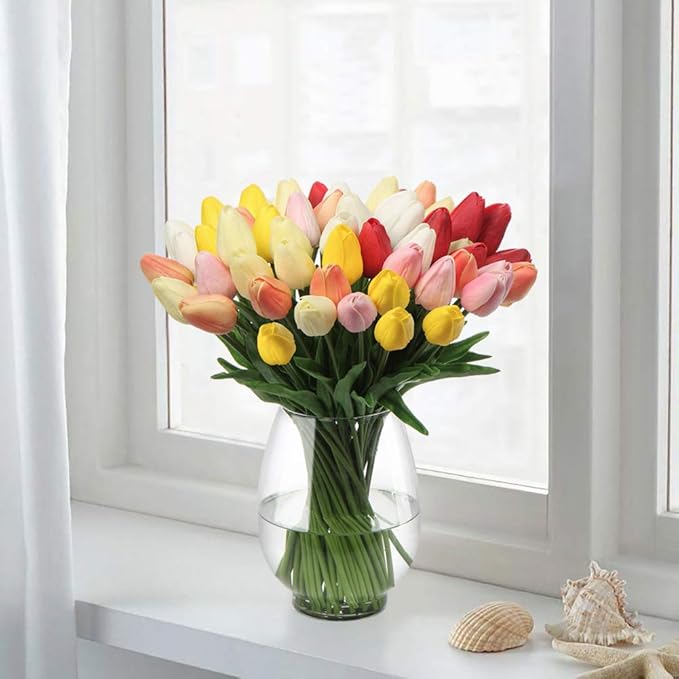 20 Pcs White Tulips Artificial Flowers Real Touch Fake Tulips Fake Flowers for Mother's Day 13.5" Faux Tulips Faux Flowers Bulk Artificial Tulips Flowers for Vase Centerpieces Home Wedding Bouquet
