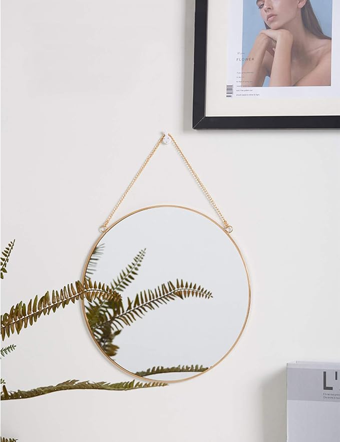 Dahey 11.8-inch Small Hanging Circle Mirror Wall Decor Gold Round Mirror with Hanging Chain for Office Bathroom Bedroom Living Room Dorm College, Gold