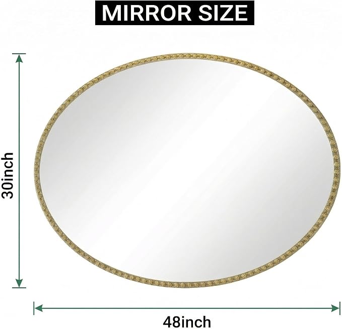 Gold Oval Bathroom Mirror, 48x30 Inch Floral Oval Mirrors for Wall, Antique Gold Metal Floral Frame Mirrors for Bedroom Living Room Hallway, Hangs Horizontally or Vertically