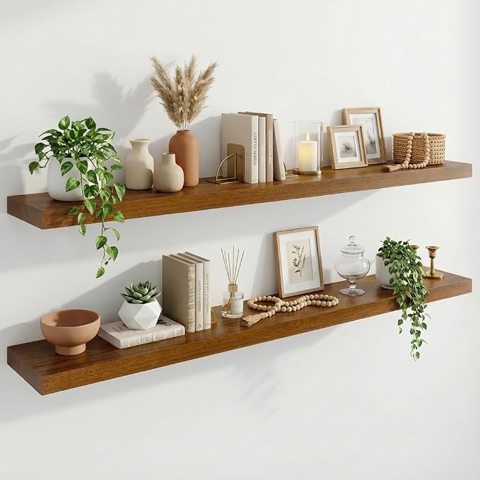 IAE Walnut Floating Wall Shelves 55 inch, Bathroom Shelves Wall Mounted,Invisible Shelves Floating Kitchen Shelves,Wooden Wall Shelves with Brackets for Living Room Wall Mounted,Easy Install,Set of 2