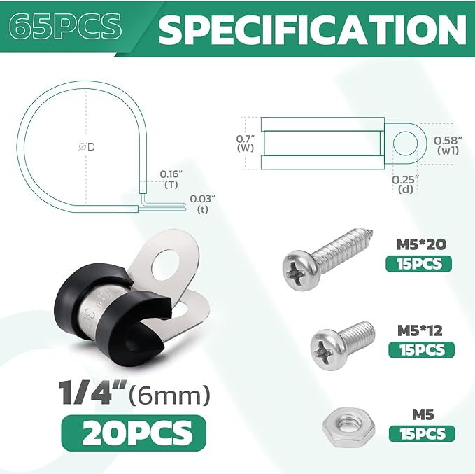 OURU 20PCS 1/4 Inch Cable Clamps with 45PCS Screws Assortment Kit 304 Stainless Steel Rubber Cushioned Insulated Cable Clamp, Automotive Wire Pipe Clamps(6mm)