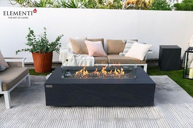 Elementi+ | Bundle Cape Town Gas Fire Pit Cast Concrete 56" Rectangular Fire Table, Outdoor Fire Pit Electronic Ignition | Canvas Cover, Fire Glass and Burner Lid Included | Dark Gray | Propane Gas