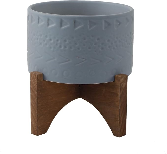 Flora Bunda Mid-Century 5 Inch Caveman Texture Ceramic Planter on Wood Stand, Grey Caveman 5"