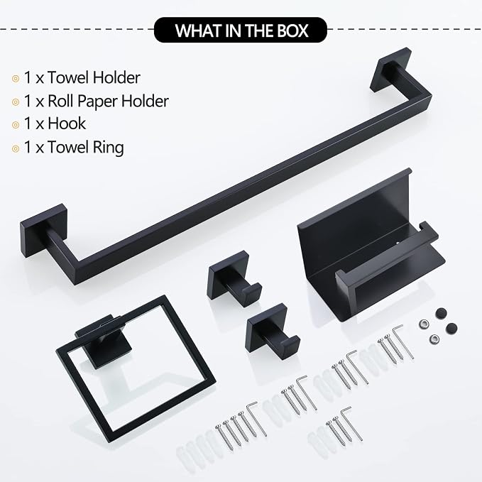 Black Towel Bar Set 5-Piece Bathroom Hardware Set Including 23.6 Inch Towel Bar,Towel Ring Towel Hook and Toilet Paper Holder with Shelf,Stainless Steel Bathroom Accessories Set