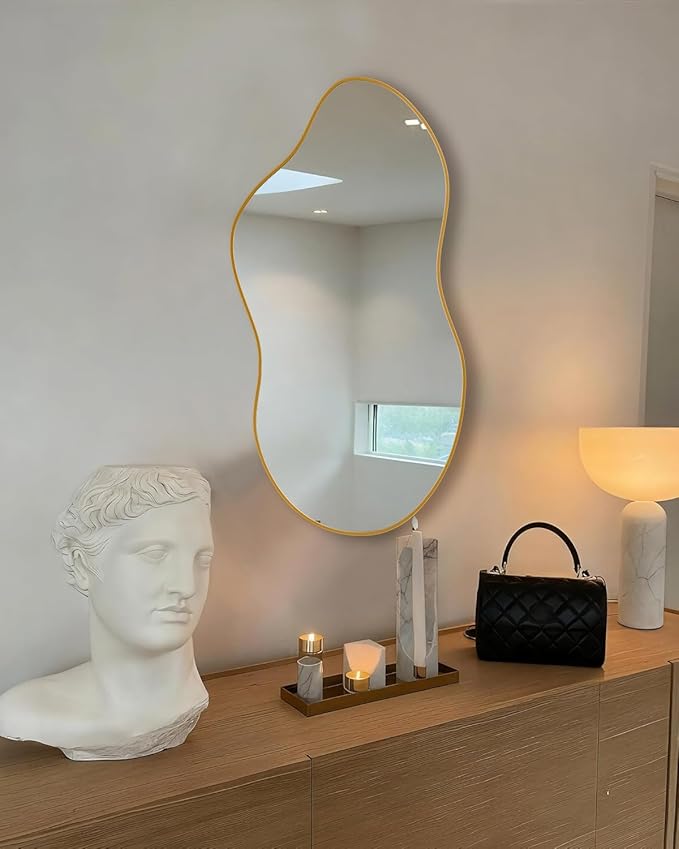 Irregular Wall Mirror 20×36 Inch Wall Mirrors Decorative Gold Modern Asymmetrical Abstract Mirror for Bathroom Bedroom Living Room Entryway Hallway