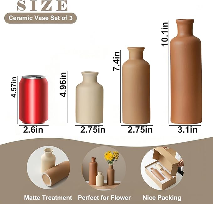 Modern Ceramic Vase Set of 3, Neutral Colors, Decorative Bottles for Home, Earth Tone Farmhouse Rustic Decor, Housewarming Gifts, Wedding Gifts, Birthday Gifts for Women(Coffee Mix)