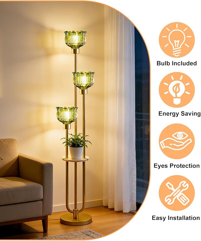 Lightdot Glass Floor Lamp for Living Room 3-Lights Modern Gold Floor Lamp with Green Glass Shade 3000K Bulbs Included Unique Tall Standing Lamp with 5Lb Heavy Base for Bedroom/Sofa Beside/Corner Decor