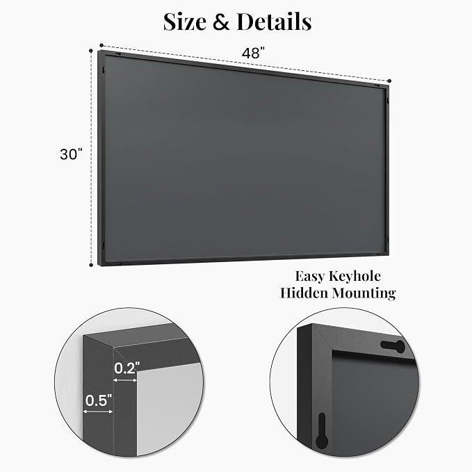 48"x30" Black Landscape Bathroom Mirror for 48-60 inch Vanity, Shatterproof Tempered Glass, Narrow Metal Frame, Ultra-Flush Mount