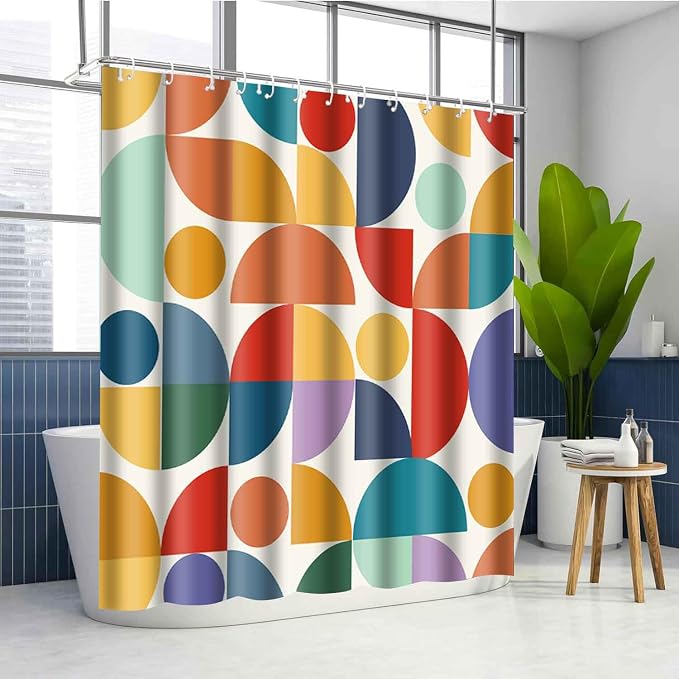 Vintage Colorful Rainbow Mid Century Shower Curtain Modern Abstract Geometric Art Bathroom Curtain Decor 72x84 Inch Washable Fabric Bright Retro Boho Circle Patterned Bath Curtain with 12 Hooks