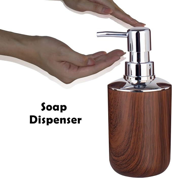 Bathroom Accessories Set 6 Piece Plastic Bath Ensemble Soap Dispenser Toothbrush Holder, Tumbler Soap Dish Soap Saver Trash Can Toilet Brush Holder Decorative Countertop Bathroom Accessoy Set (Brown)
