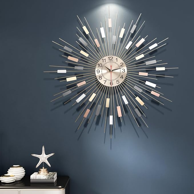 24" Large Sunburst Wall Clock, Boho Modern Farmhouse Metal Decorative Clock, Silent Non‑Ticking Battery Powered, Mid‑Century Starburst Art Decor for Living Room Bedroom Office Home