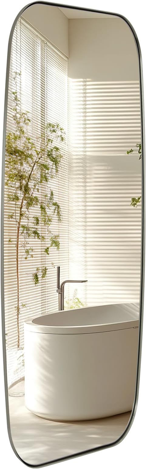 ANDY STAR 18x48 Full Length Wall Mirror, Brushed Nickel Oblong Shaped Body Mirror with Stainless Steel Metal Frame, Rounded Corner Design for Floor and Leaning