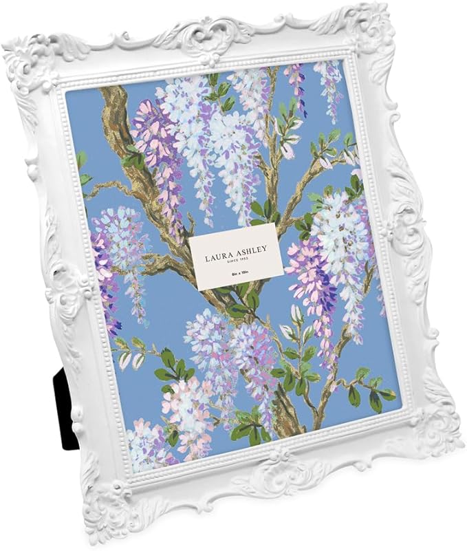 Laura Ashley 8x10 White Ornate Textured Hand-Crafted Resin Picture Frame with Easel & Hook for Tabletop & Wall Display, Decorative Floral Design Home Décor, Photo Gallery, Art, More (8x10, White)