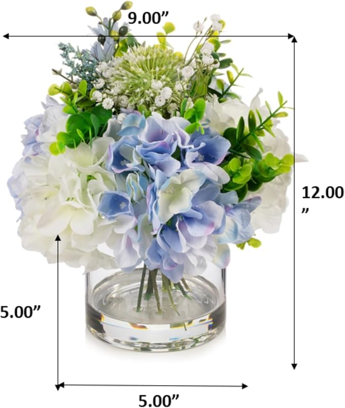 ENOVA FLORAL Artificial Hydrangea Flowers in Vase, Mixed White and Blue Silk Hydrangea in Vase with Faux Water for Dining Table Centerpieces, Home Decor Indoor (FL-159-BlueCream)