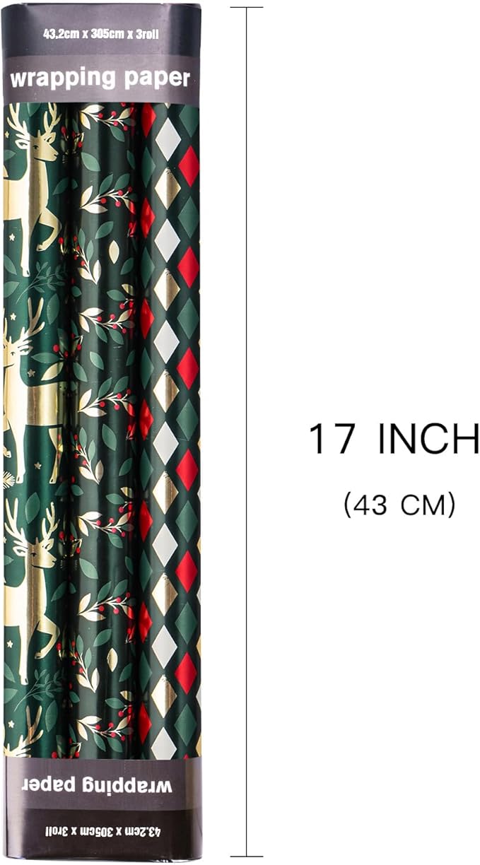 LeZakaa Green Christmas Wrapping Paper Mini Roll, Reindeer Holly Leaves Geometric Metallic Foil Holiday Gift Wrap, Arts Craft, for Xmas Winter Party, 17 x 120 inches, 3 Rolls