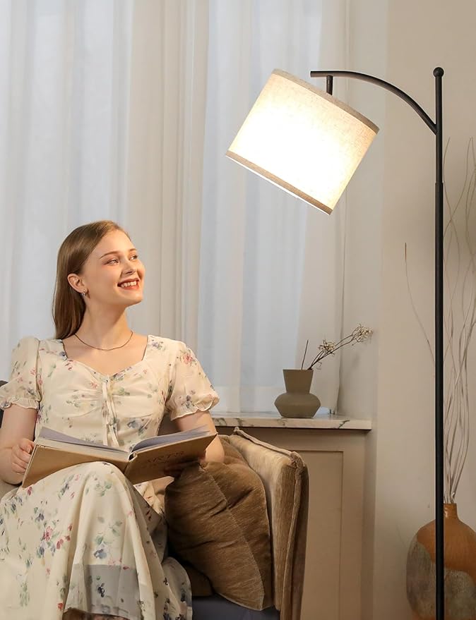 Ambimall Tall Floor Lamps with 3 Color Temperatures Bulb & Adjustable Linen Shade, for Living Room, Bedroom, Office, Classroom, Dorm Room (9W Bulb Included), Beige & Black, 60"