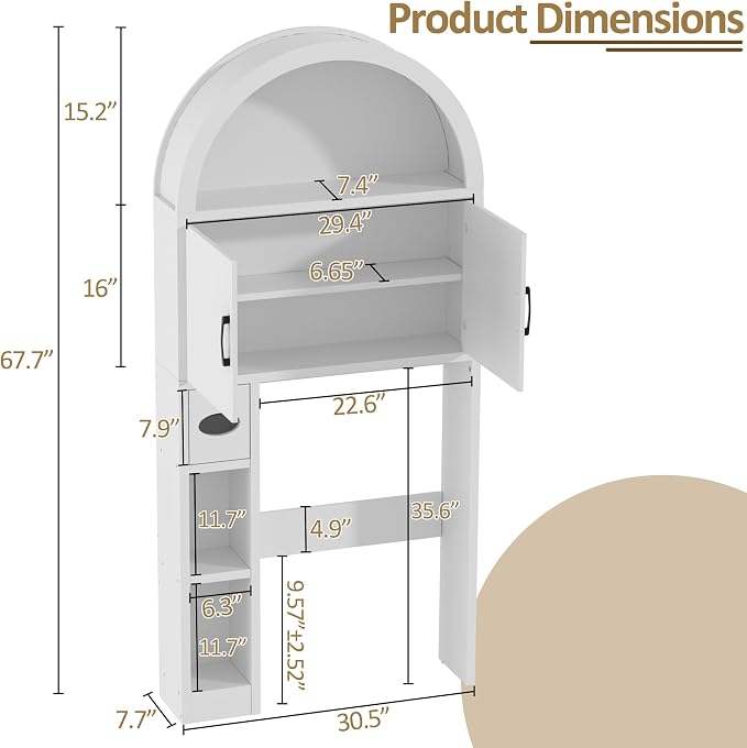 Spurgehom Over The Toilet Storage Cabinet, Bathroom Shelf Organizer Freestanding, Bathroom Arch Cabinet Over Toilet with Toilet Paper Holder and Anti-Tipping Device, White