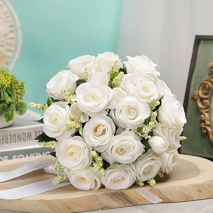 CYANLUX Wedding Bouquets for Bride Bridesmaid Bouquet Champagne White Artificial Roses Flowers for Wedding Valentine's Day Church Home Decoration (1#White)…