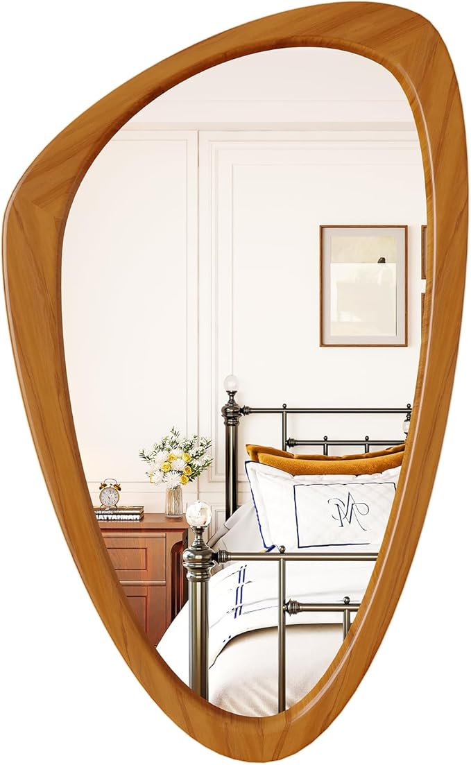 Asymmetrical Wall Mirror, 19x30 InchMid Century Modern Mirrors | Irregular Wall Mirror with Pine Wooden Frame for Living Room Bedroom Bathroom Entryway Hangs Horizontally or Vertically