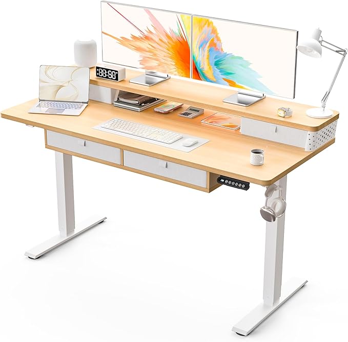 Electric Standing Desk with 4 Drawers 55''x 24'' Adjustable Height Sit to Stand Up Desk with Storage Shelf, C-Clamp Mount Compatible Black Home Office Desks Computer Gaming Table Ergonomic Workstation