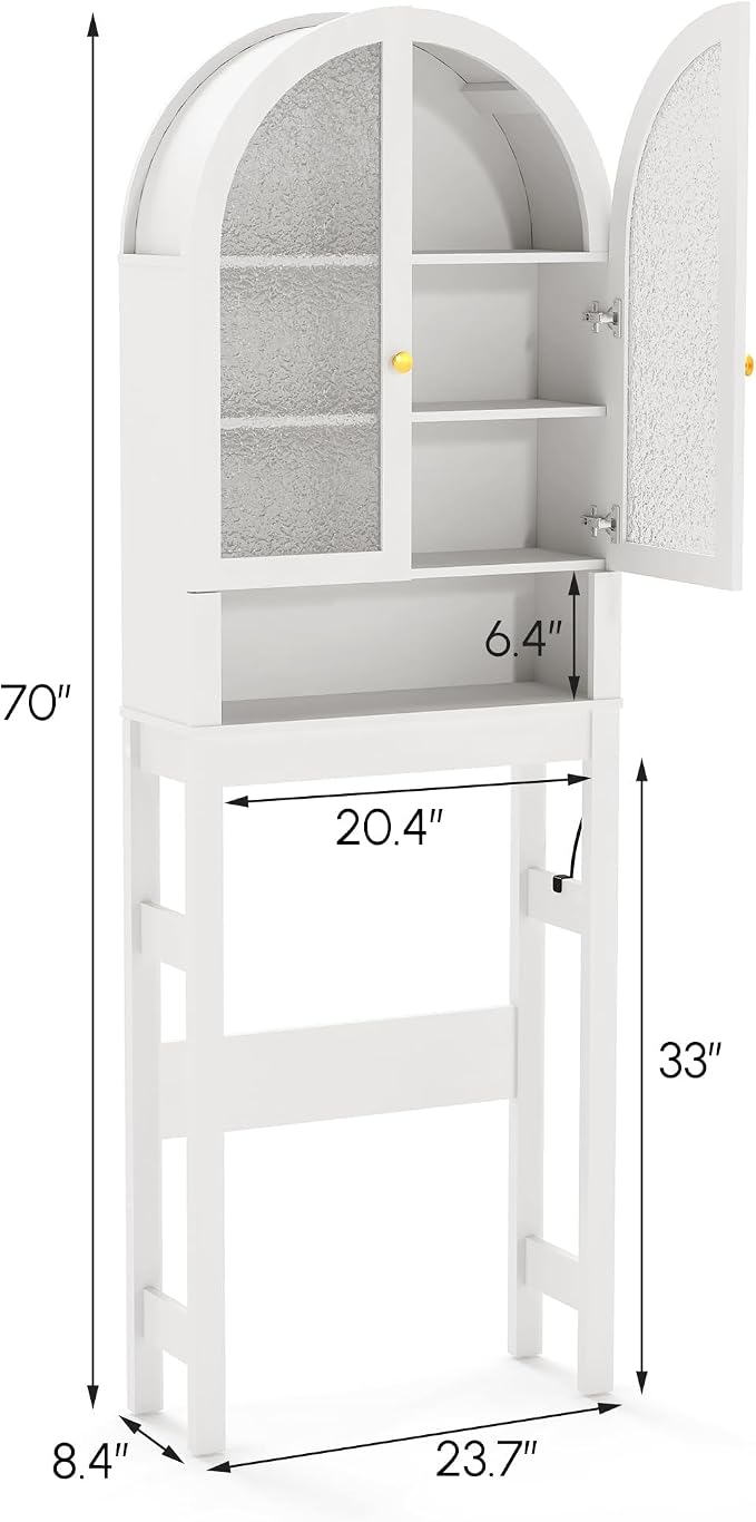 HMstone Over The Toilet Storage Cabinet, Arched Bathroom Organizer and Storage with Acrylic Doors and Adjustable Shelf, Space-Saving Freestanding Bathroom Modern Storage Cabinet Over Toilet, White