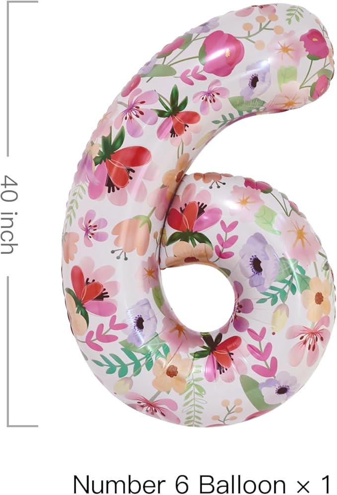 Flower Balloons 40 Inch Floral Number 6 Balloon for 6th Birthday Garden Party Decorations Six Year Old Photo Props Foil Number 6