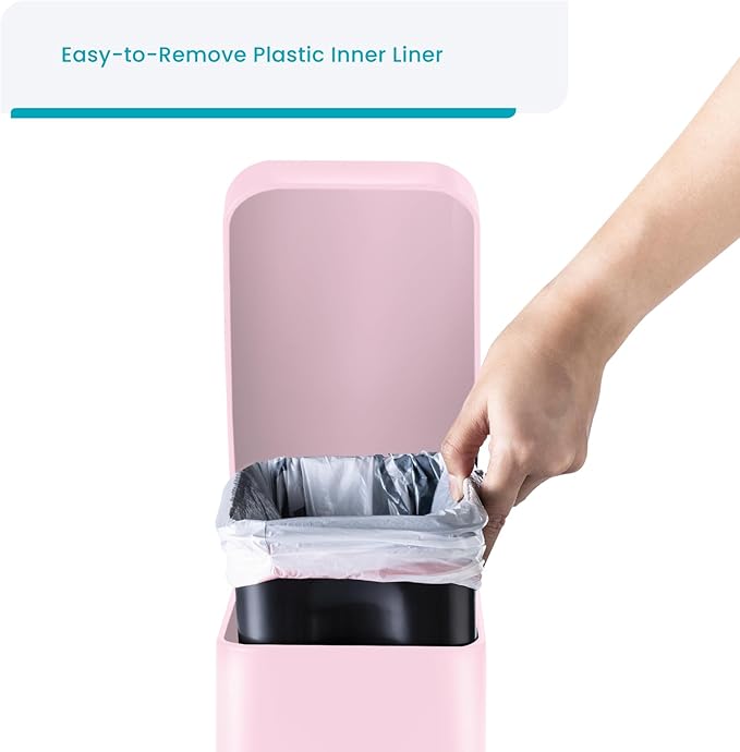 Home Zone Living 1.3 Gallon Small Bathroom Trash Can with Lid and Step Pedal, Stainless Steel Wastebasket with Slim Design for Home and Office, Matte Pink, 5 Liters