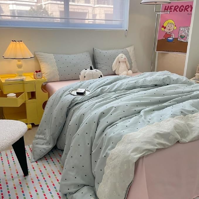 Twin XL Comforter Set Lightweight Polka Dots Comforter for Girls Teens Fluffy Soft Microfiber Princess Style Lace Bedding Comforter with 2 Pillowcases Cute Black Dots Pattern Blue Comforter Set