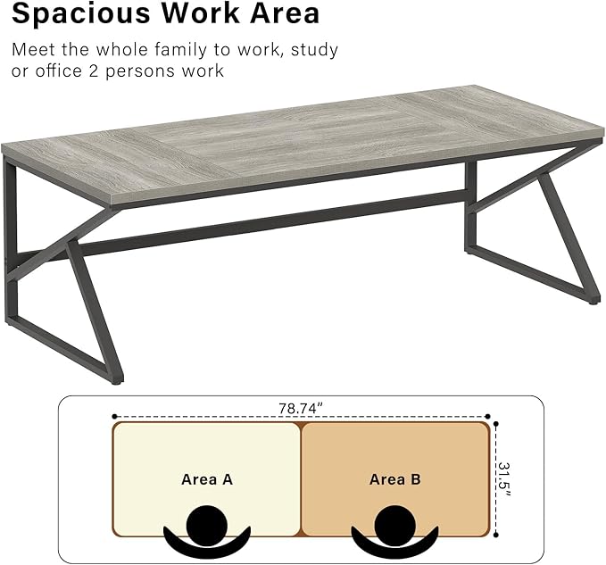 HSH 78 Inch Long Home Office Desk, Extra Large Grey Computer Desk for 2 Person, Industrial Wooden and Metal Executive Work Writing Study Gaming Desk Table, Modern Bedroom PC Laptop Desk Double Desk