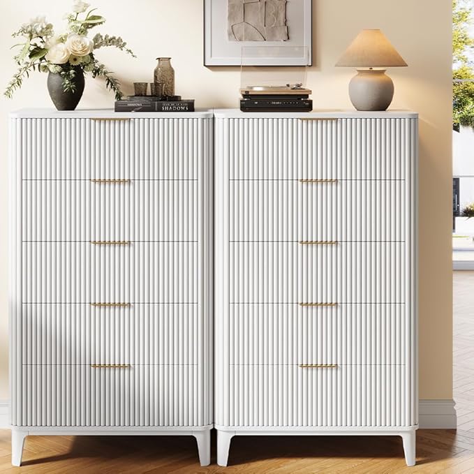 Fluted Dresser for Bedroom with 5 Drawers Set of 2, 45" Large Closet Clothes Wood Tall Dresser Storage Organizer, Mid Century Modern Chest of Drawers with Deep Storage White