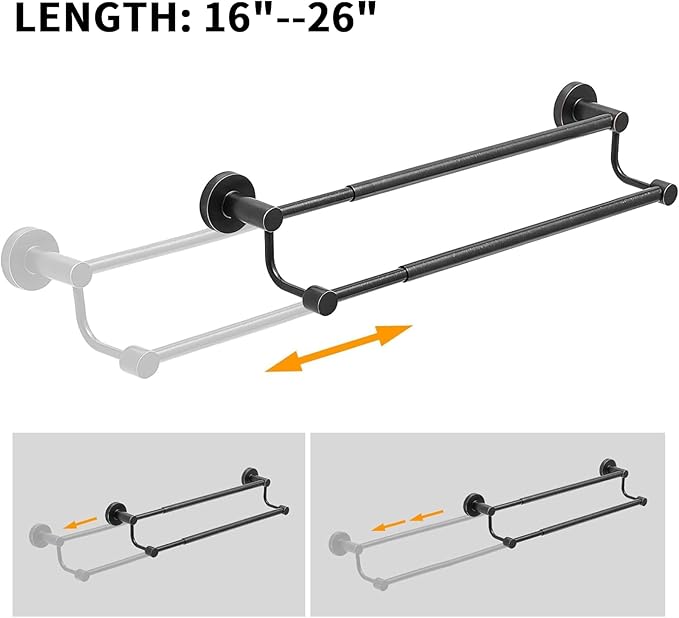 BESy Adjustable 16-26Inches Double Bath Towel Bar for Bathroom SUS304 Stainless Steel Towel Holder, Hotel Style Wall Mount with Screws Hand Towel Bar Towel Rack Rod Hanger, Oil Rubbed Bronze