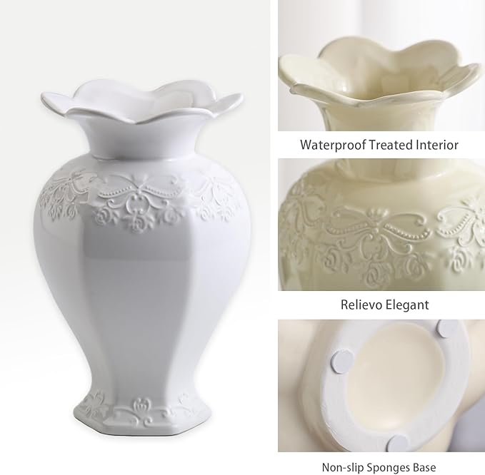 Relievo Elegant White Cream 8in 11in Ceramic Flower Tall Aesthetic Beige Table Tulip Wide Mouth Rose Filler Decorative Rustic Vase Decor for Home (White Vase, M)