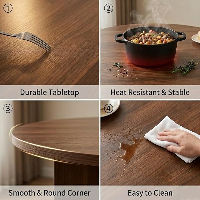 HIPIHOM Modern Round Dining Table Set for 4, 39.4" Walnut Kitchen Table with 4 PU Leather Chairs, 5-Piece Mid-Century Dining Room Set for Small Spaces, Pedestal Base