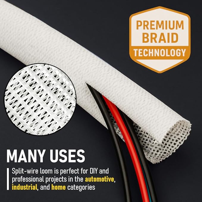 MGI SpeedWare Braided Split-Sleeve White Wire Loom for High-Temperature Automotive Harness and Home Cable Management 25 feet (1/8")