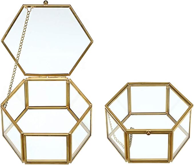 Hipiwe Preserved Flower Glass Box, Hexagon Glass Jewelry Decorative Bin, Ornate Trinket Display Organizer Case Keepsake Box Gift for Women