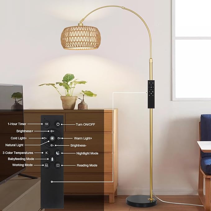 Gold Floor Lamps for Living Room, Arc Floor Lamp with Remote & Dimmable Bulb, Boho Rattan Standing lamp with 3 Color Temperatures, Height Adjustable Tall Lamp for Bedroom, Over Couch Reading Lamp