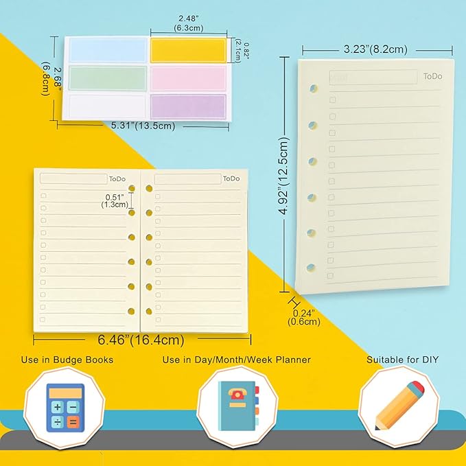 A7 Planner Refill,4 Pcs per Set, Todo List Paper, with Label Stickers Gift,Mini Binder Refills,6 hole/100gsm Thick Paper/4.84 x 3.23'', Harphia