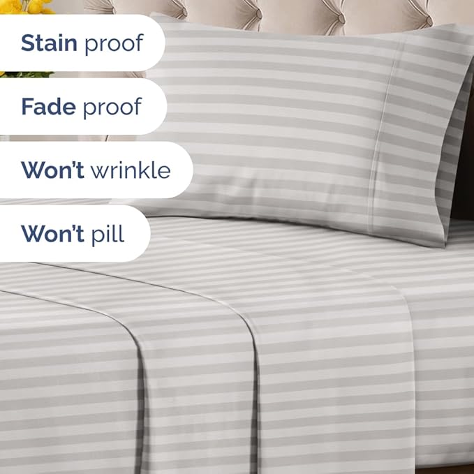 Grey Striped Sheets - 1 Flat & 1 Fitted Sheet & 1 Pillowcase w/ Deep Pockets - Comfy, Easy-Care, Wrinkle & Fade Resistant - Ultra-Soft, Breathable & Cooling - Luxury Pinstripe Bedding - Twin Size