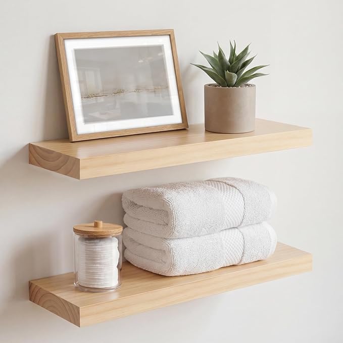 Homeforia 18 inch Natural Floating Shelf, High End Solid Real Wood 18inch Small Floating Shelves for Wall Mounted, Natural Wooden Floating Shelves, Heavy Duty Bracket, 18 X 6.5 X 1.75 in, Set of 3