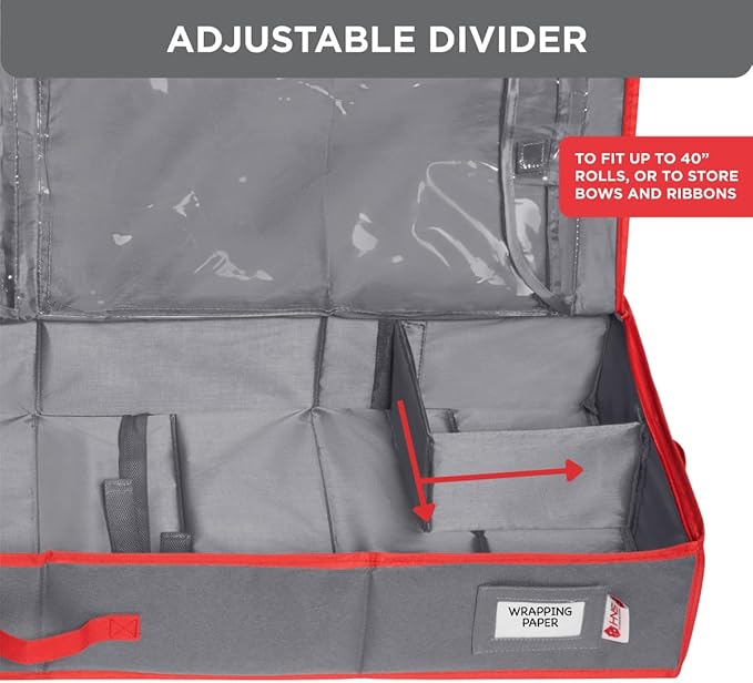 HOLDN' STORAGE Premium Wrapping Paper Storage Container - Durable 600D Tear-Proof, Fits 27 Rolls Gift Wrap, Extra Pockets for Ribbons & Bows, Underbed Storage - Ideal for Holiday Christmas, Grey/Red Trim