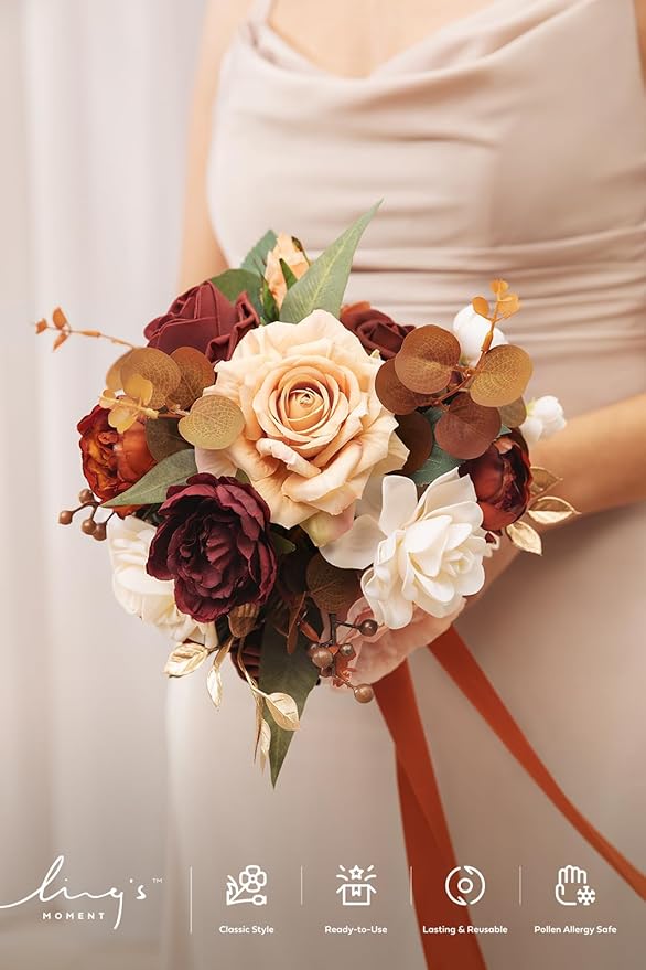 Ling's moment Terracotta Bridesmaid Bouquet, Burnt Orange Wedding Bouquets for Bridesmaids, 7 Inch Bridal Bouquets for Bridesmaids, Wedding Decor, Ceremony, Anniversary, Homecoming, etc.